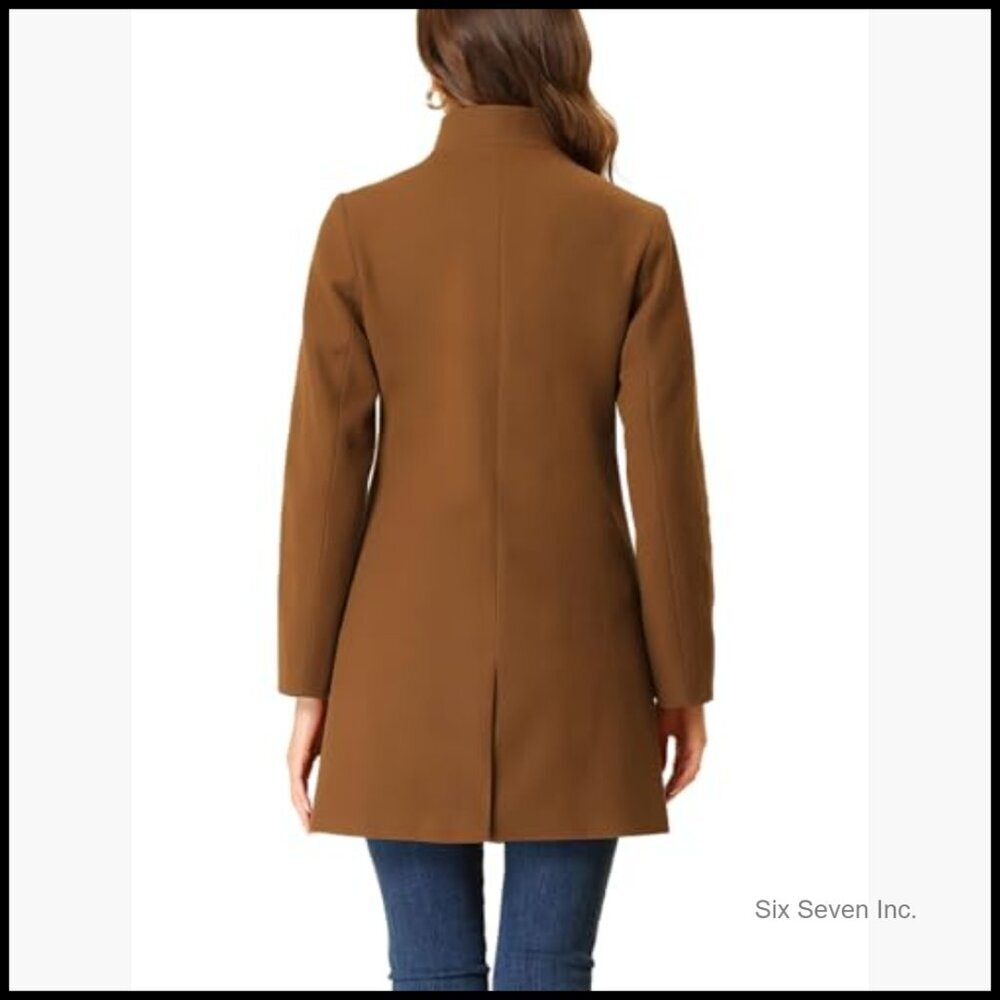 Women's Wool Pea Coat Stand Collar Single Breasted Slim Fit Blazer - Picture 3 of 3